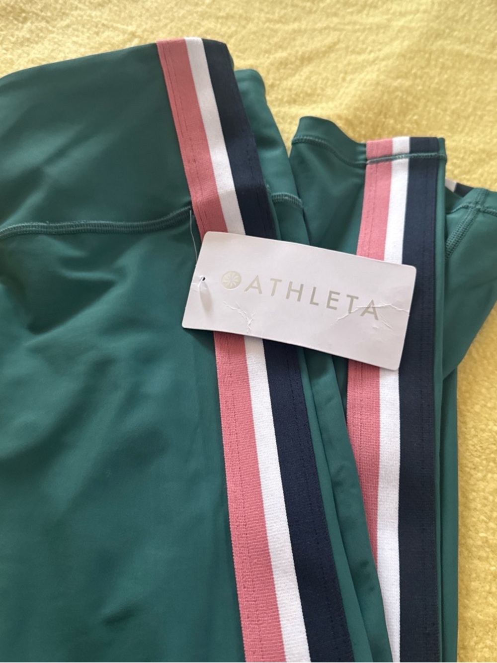 Athleta Forest Green Leggings with Pink and Navy Side Stripe